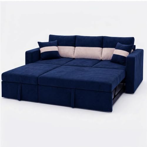 Image of FURNY Soria 4 Seater LHS Lounger Sofa Cum Bed (Dark Blue - Cream) with Pull-Out Function | Luxury Velvet Suede Finish | Durable Comfort | Ideal for Living Room