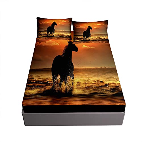3D Cavallo Stampa Set di Lenzuola con 2 Federe, Ouduo Microfibra Lenzuolo sotto con Angoli profondità 30cm ed Elastic per Letto Singolo Matrimoniale King Size (Cavallo Oceano,140x200x30cm)