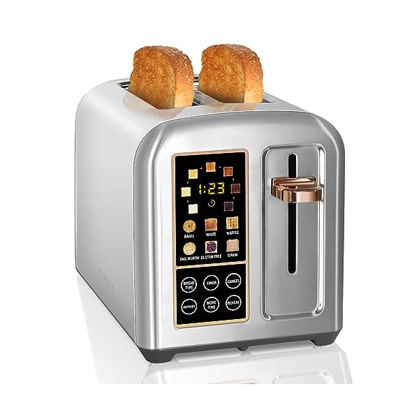 SEEDEEM Toaster 2 Slice, Stainless Steel Bread Toaster with LCD Display and Touch Buttons, 50% Faster Heating Speed, 6 Bread Selection, 7 Shade Settings, 1.5''Wide Slots Toaster with Cancel/Defrost/Reheat Functions, Removable Crumb Tray, 1350W, Silver Metallic