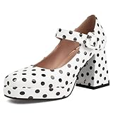 Latasa Women's Polka Dot Platform Chunky High Heels Closed Toe Block Mary Jane Heels Pumps Shoes (9.5,Polka dot)