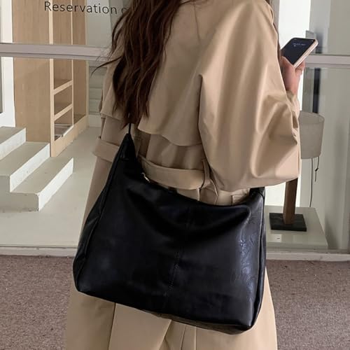 Image of Hobo Bags For Women Vintage Leather Purse Slouchy Shoulder Bag Brown Handbags (Black)