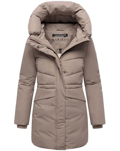 MARIKOO Damen Langer Mantel warme Winterjacke mit Kapuze und Taillenzugband Delilah 16 Taupe Grey Gr. L