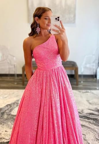One Shoulder Sequin Prom Dress for Women Sparkly Long Ball Gown Evening Dress with Pockets3