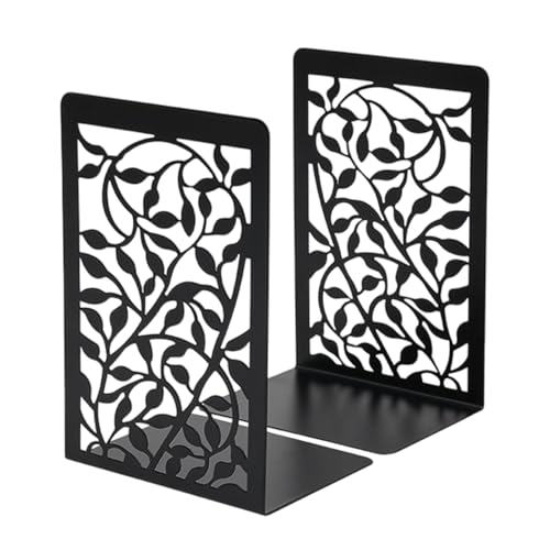 Book Ends For Shelves,Decorative Books,Book Ends Quirky,Library Book Dividers,Black Metal Heavy-Duty Bookends With Floral Pattern For Shelves, Office, Library, Home And School(SIZE:3.54x6.89x4.72inch)