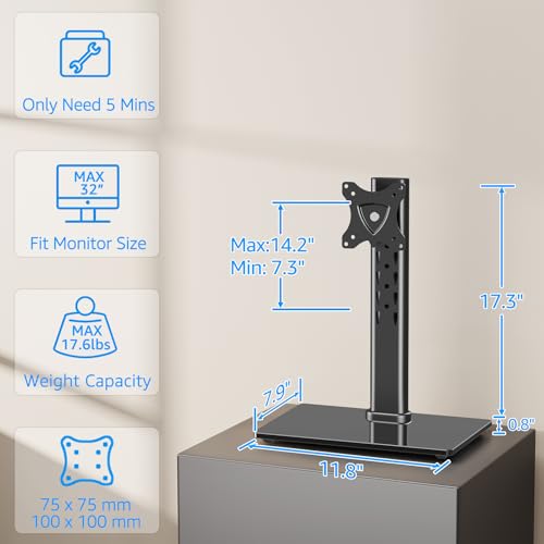 Image of MOUNTUP Monitor Stand for Desk, Freestanding Monitor Mount Fits 13-32 inch Screen up to 17.6 lbs, Screen Stand with Swivel, Height, Rotation Adjustment, VESA Mount 100 x 100mm, 75 x 75mm