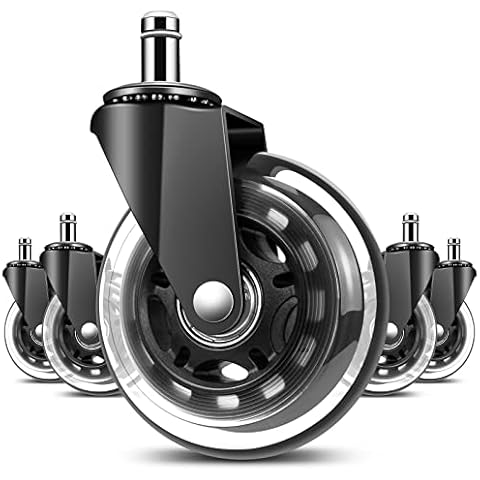 Office Chair Wheels, 3" Heavy Duty, Universal Stem Size 7/16" (11mm) Diameter x 7/8" (22 mm), as Replacement Rubber Chair Casters for Hardwood Floors, Tile and Carpet, Set of 5 Cover