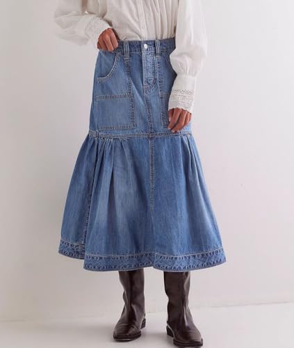 Femiserah Women's Washed Fishtail Denim Skirt High Waist Ruffle Fashion Casual Midi Jean Skirts with Pockets2