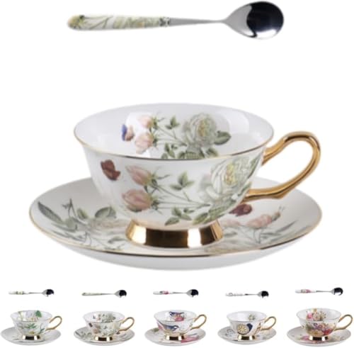 AOBOPO 鳥のさえずりと花 磁器ティーカップセット|北欧 × 田園 × 中華風 ホワイトテーブルウェア ソーサー + スプーン付き ブラックティー・コーヒー用 アンティークファッション ギフト