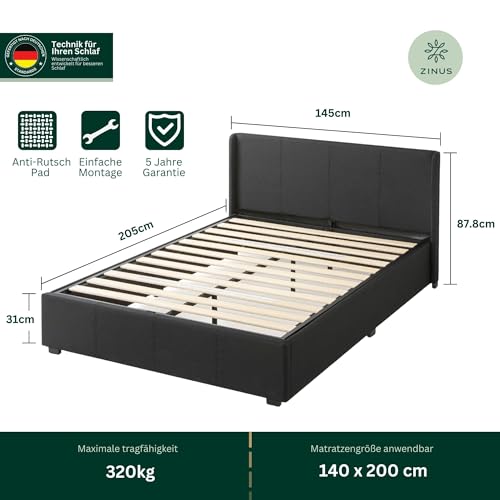 Zinus Maddon Polsterbett 140x200 cm mit Stauraum - 31 cm Hohes Bett mit Lattenrost aus Holz & Kopfteil - Hydraulischer Hebemechanismus & Stauraum - Schwarz