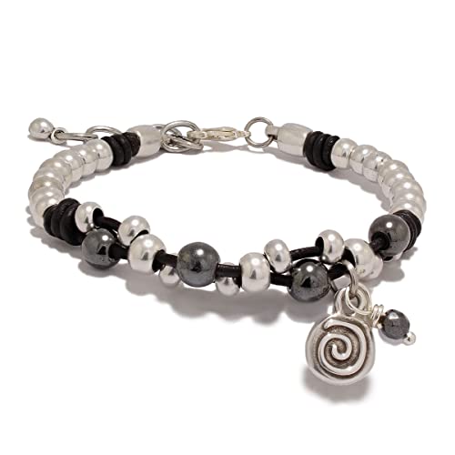 Pulsera de cuero con piedra natural “hematite” y colgante con espiral –...