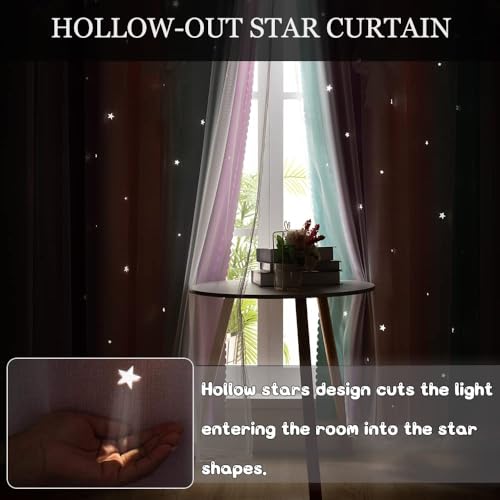 Image of Yancorp Curtains for Girls Bedroom Kids Curtain Hollow-Out Star Window Nursery Curtain 72 inches Length Room Darkening Grommet 2 Layers (Green Pink Purple, W52 X L72)