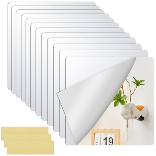 ZOCONE 12 Pcs Stick on Mirror Tiles 20x20 cm Self Adhesive Mirror Stickers 2mm Thick with 48 Double Sided Foam Pads, Acrylic Stick on Mirrors for Walls Square Stick on Tiles Mirror for Home Decor