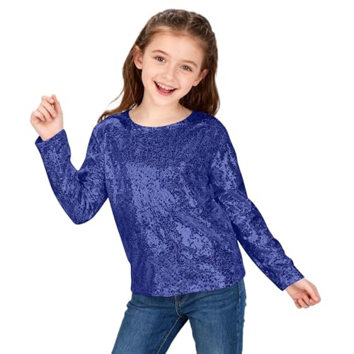 Camisas de manga corta para niñas con lentejuelas para niñas, suéter de manga larga brillante para niños, Camisas de manga larga para niñas debajo de exfoliantes de talla grande, azul, 9-10 Años