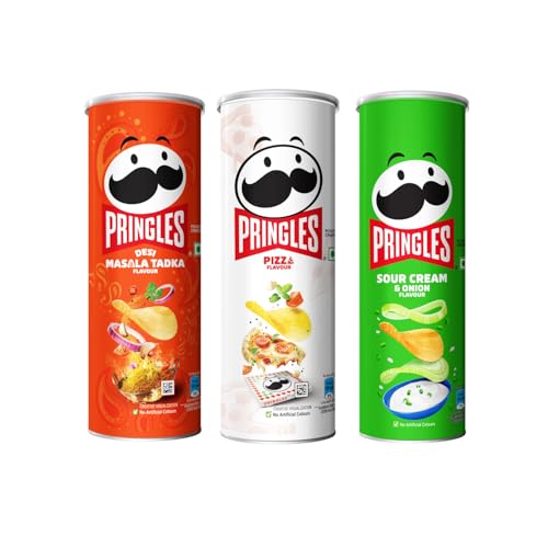 Kellogg's Pringles Sour Cream & Onion + Desi Masala Tadka + Pizza Flavour(107gram each), Masala, Salted