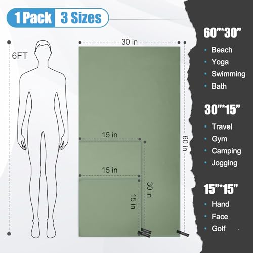 Quick Dry Travel Towel, 3 Sizes 1 Pack Camping Microfiber Towel, Lightweight Fast Drying Towels Set 60″x30″, 30″x15″, 15″x15″ w/Bag for Gym, Beach, Hiking, Swimming, Army Green