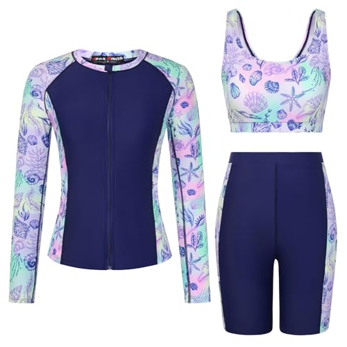 Image of JACK SMITH Women's 3 Piece Long Sleeve Rash Guard Swimsuits Zip Front Bathing Suit Tankini Swimsuits UPF 50