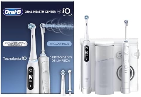 Oral-B Oral Health Center Munddusche mit Oxyjet-Technologie für Zahnreinigung, 2 Ersatzdüsen & iO Series 6 Elektrische Zahnbürste/Electric Toothbrush, 2 Aufsteckbürsten, 5 Modi für Zahnpflege, weiß