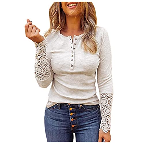 Shirts for Women Casual Fall,Womens Long Sleeve Tops Lace V Neck Button Down Henley Shirts Blouses Womens sweaters-M27 Beige
