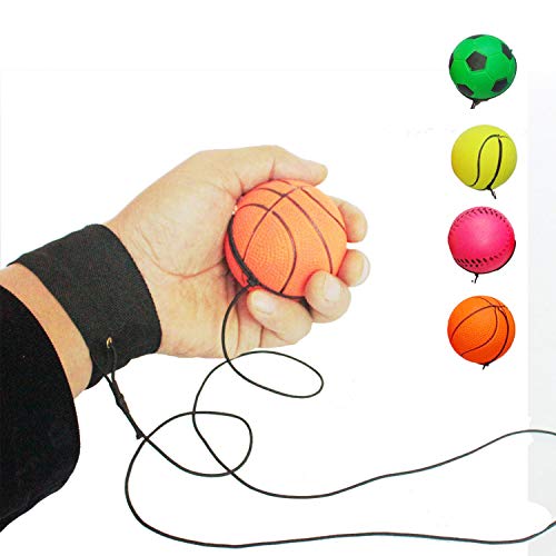 ZUYEE Wrist Band Ball Rubber High Bounce with Velcro Wrist & Elastic String Rebound Bouncy Balls On String for Finger Stiffness Relief Wrist Exercise,Children Gift Sport Toy Balls (Pack of 4)