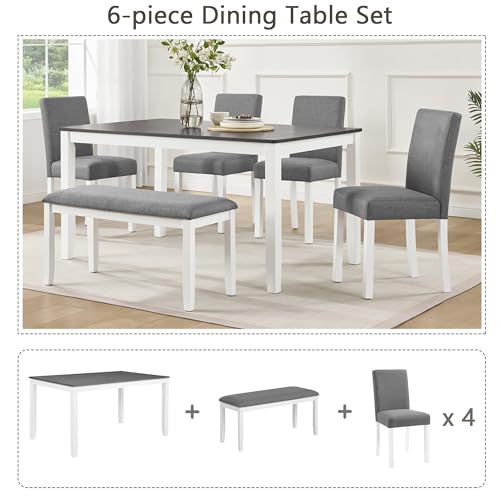 Image of KEIKI 6-Piece Standard Height Dining Table Set with Rectangular Table, 4 Upholstered Curved Backrset Chair, Bench, for 6 Person, Modern Table Set, Easy Assembly, for Kitchen, Dining Room, White+Gray