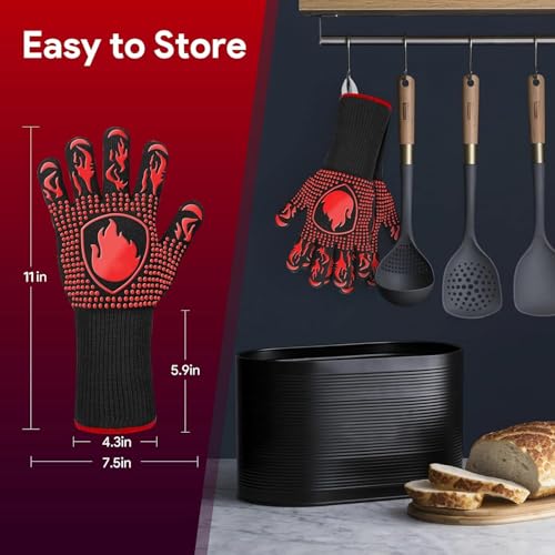 BBQ Gloves, Oven Mitts Grilling Gloves - 1472℉ Extreme Heat Resistant Oven Gloves, Non-Slip Silicone Cooking Gloves for Grilling, Barbecue, Baking, Welding (A Pair)