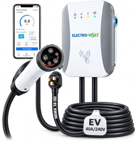 Level 2 EV Charger with Smart APP Control, 10 KW Adjustable 40Amp-240V Tesla Wall Charger, NEMA-FCC Certified 14-50 Plug IP65 Indoor/Outdoor EV Charger Level 2, 18-Ft Top Cable Wall Charging Station