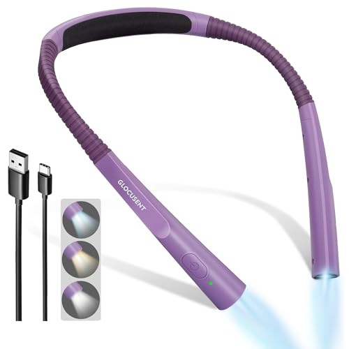 Glocusent Upgraded LED Neck Reading Light, Book Light for Reading in Bed, 30-min Timer, 3 Colors & 3 Brightness Adjustable, Rechargeable & Long Lasting, Perfect for Reading, Knitting