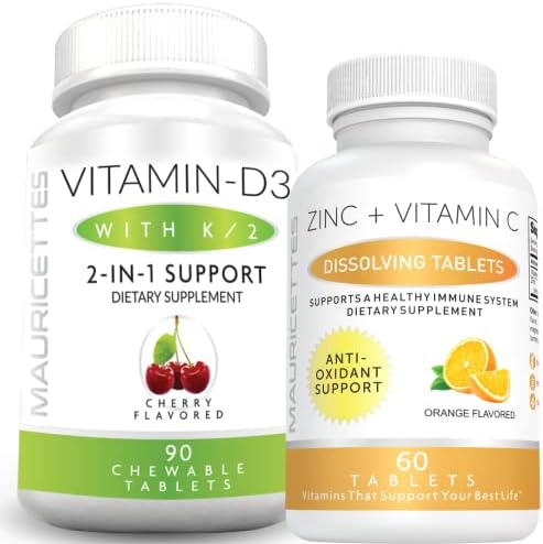 Mauricettes Chewable Vitamin D3 with K2 & Chewable Zinc with Vitamin C Bundle - Immune and Wellness Support Bundle for Kids and Adults