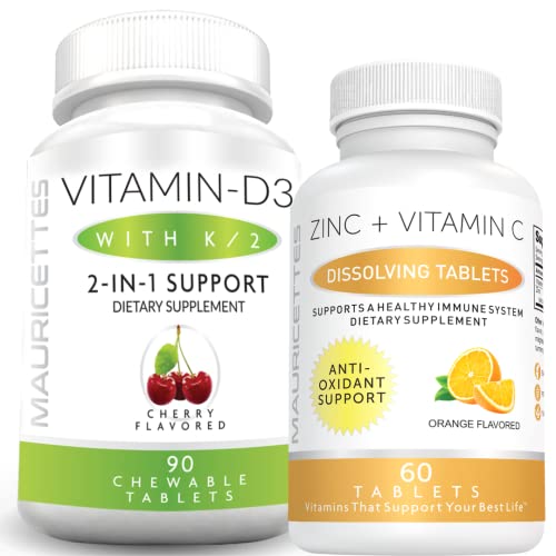 Mauricettes Chewable Vitamin D3 With K2 & Chewable Zinc With Vitamin C Bundle - Immune And Wellness Support Bundle For Kids And Adults #TOP26