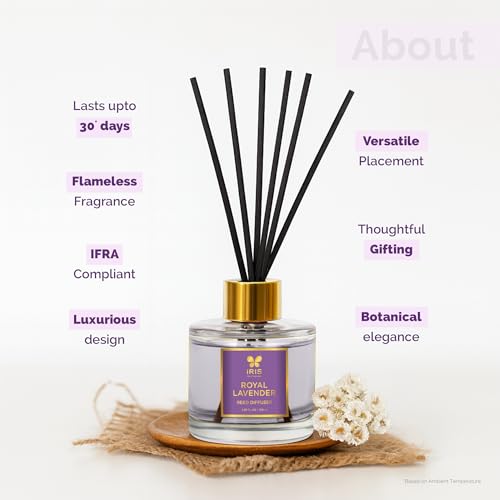 Image of IRIS Aroma Reed Diffuser - 100ml | Elegant Home Fragrance with 6 Fiber Reeds, Glass Round Bottle with Gold Cap | Aroma Diffuser for Cozy Decor & Gifting (Royal Lavender)