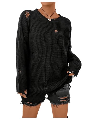 SHENHE Women's Sweater Top Ripped Drop Shoulder Round Neck Long Sleeve Loose Casual Sweater Pullovers