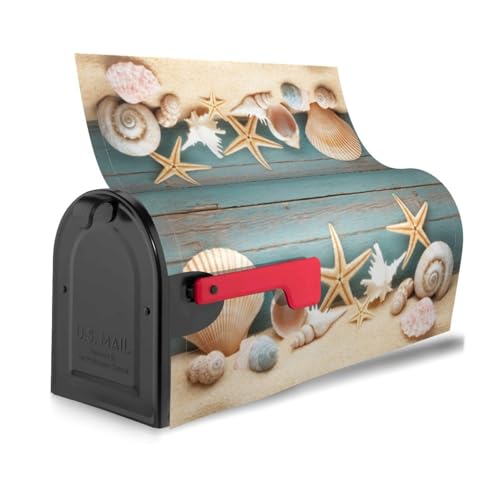 Image of Summer Beach Shells Starfish Sea Mailbox Cover Magnetic Marine Wood Texture Waterproof Mailbox Wraps Post Letter Box Decor 21x18 in