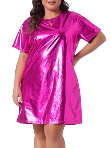 Image of Agnes Orinda Plus Size Dress for Women Metallic Round Neck Short Sleeve Party Clubwear Loose Mini T-Shirt Dress