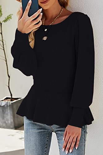 Womens Fall Puff Sleeve Peplum Casual Slim Fit Knit Pullover Sweater Jumper Tops2