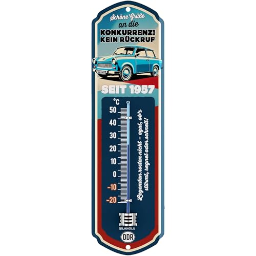 LANOLU Retro Thermometer TRABANT, DDR Geschenke für Männer, Trabi Geschenke, Ossi DDR Produkte Haushalt passend für DDR Geschenkbox, 8x28cm