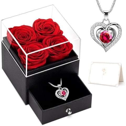 YEEBAY Preserved Flowers Gift for Mom from Son or Daughter, Incl 4 Rose and Heart Necklace, Ideal Gifts Birthday, Mother's Day, Valentine's Day, Christmas for Grandma for Her, Women, Wife Cover