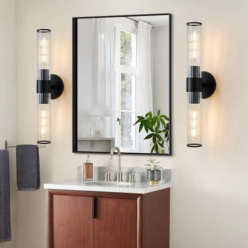 Image of Bathroom Vanity Light Fixtures, Black Wall Sconces in Threaded Glass, Modern Wall Light for Bathroom Living Room Bedroom, Hallway - Bulb Not Included