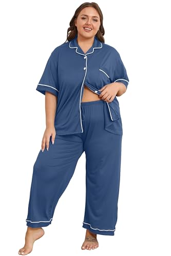 Image of Vozanet Women's Plus Size Pajamas Button Down Shirt and Pants Soft Lounge Sets Bride Nighty Bottom with Pockets 1x to 5x
