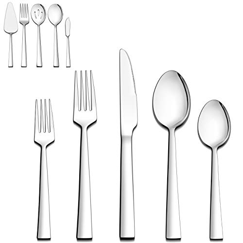 LIANYU 45-Piece Silverware Set with Serving Utensils, Stainless Steel Square Flatware Cutlery Set