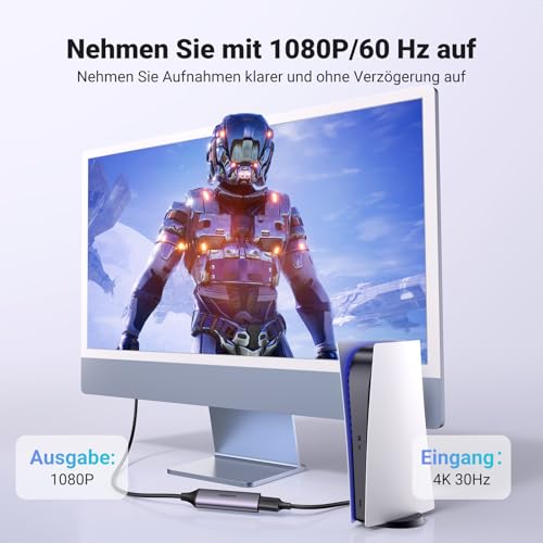 UGREEN Video Capture Card, 4K HDMI auf USB C/A Capture Card, 1080P Video Grabber für Gaming, Rekorder, Livestreaming, kompatibel mit Switch PS5 Xbox TV Stick Camera Laptop iPad Mac Handy Mac mini 4