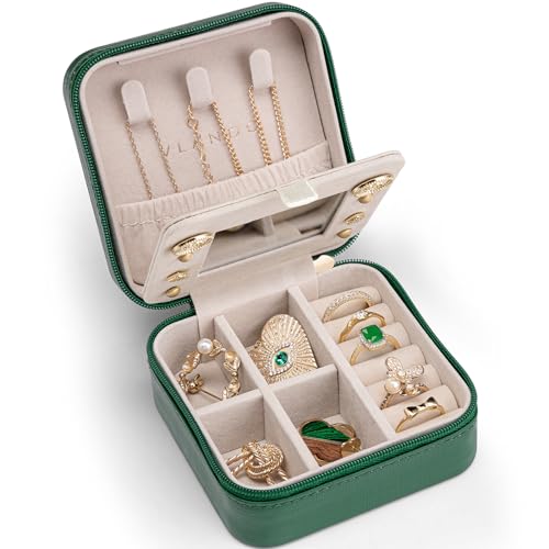 Vlando Small Travel Jewelry Box Organizer - Display Case for Girls Women Gift Rings Earrings Necklaces Storage with Mirror, Dark Green Classic Classic