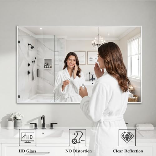 Image of Koonmi White Rectangle Wall Mirror, 30x48 Inch Bathroom Mirror, Aluminum Frame Vanity Mirror for Entryway, Living Room, Bedroom Bathroom, Hangs Horizontally or Vertically