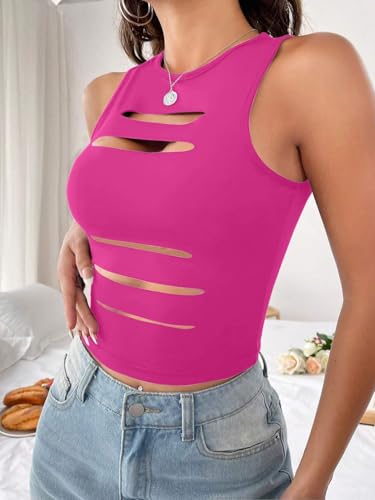 Image of LovelyWholesale Women Sexy Cut Out Crop Tank Tops Crew Neck Summer Sleeveless Top