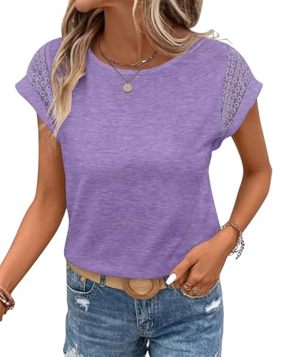 Image of Bliwov Womens Tops Lace Cap Sleeve T Shirts,Cute Trendy Casual,Beach Vacation Outfits,Summer Spring Fashion Clothes