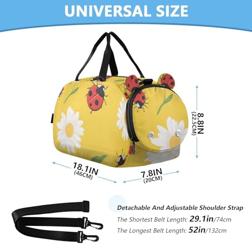 Ladybugs Daisies and Leaves Pattern Gym Travel Duffel Bag with Shoe Compartment for Boys Girls - Gymnastics Sports Dance Football Travel Bag Teens Weekender Sleepover3