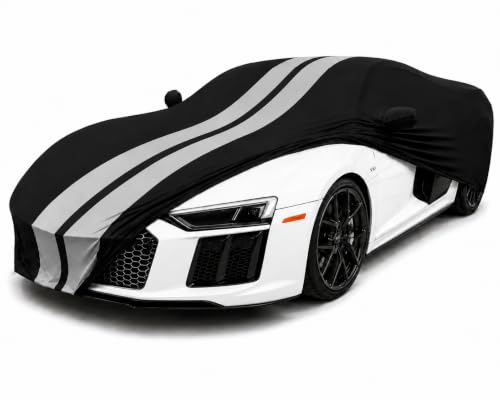 Image of SR1 Performance USA Audi R8 Car Cover Indoor Custom Fit 2008-2023 Ultraguard Stretch Satin - Soft Luxury Dustproof Garage Storage Cover for Audi R8 Coupe & Spyder (Black with Gray Stripes)