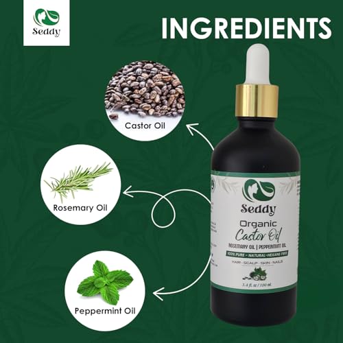 Seddy Organic Castor Oil with Rosemary & Peppermint in Dark Glass Bottle - Cold Pressed | Hexane-Free | Scalp, Hair, Eyelashes, Eyebrows, Skin, & Nails | Hair Treatment Oil - 3.4 Fl. Oz - Image 5