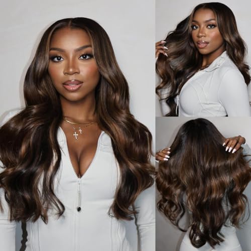 Image of Beauty Forever Bye Bye Knots Wig 7x5 Glueless Lace Black to Chestnut Brown Ombre Loose Wave Wig with Bleached Knots Put on and Go Pre Plucked Pre Cut HD Lace Wig for Women 150% Density 20 Inch