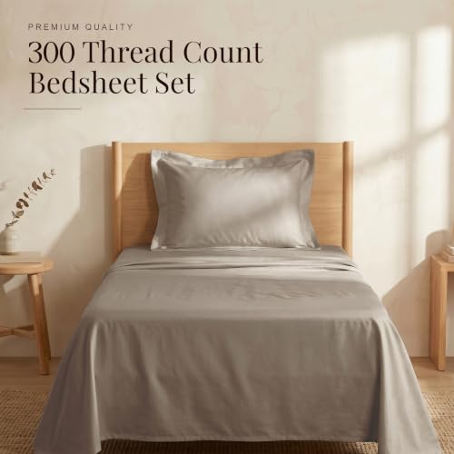 Image of Huesland Premium Pure Cotton Sateen Weave 300 Thread Count Bedsheet for Single Bed with 2 Pillow Covers | Dessert Taupe | 88 x 55 inches