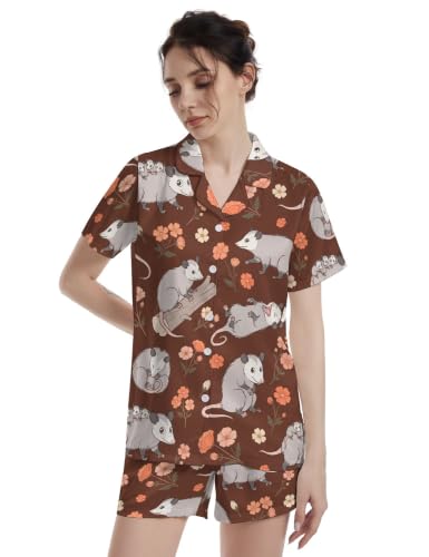 Image of Funny Pajamas for Women Set Print Satin Loungewear Pjs Short Sleeve Button Down Top and Shorts Sets Sleepwear XS-3XL